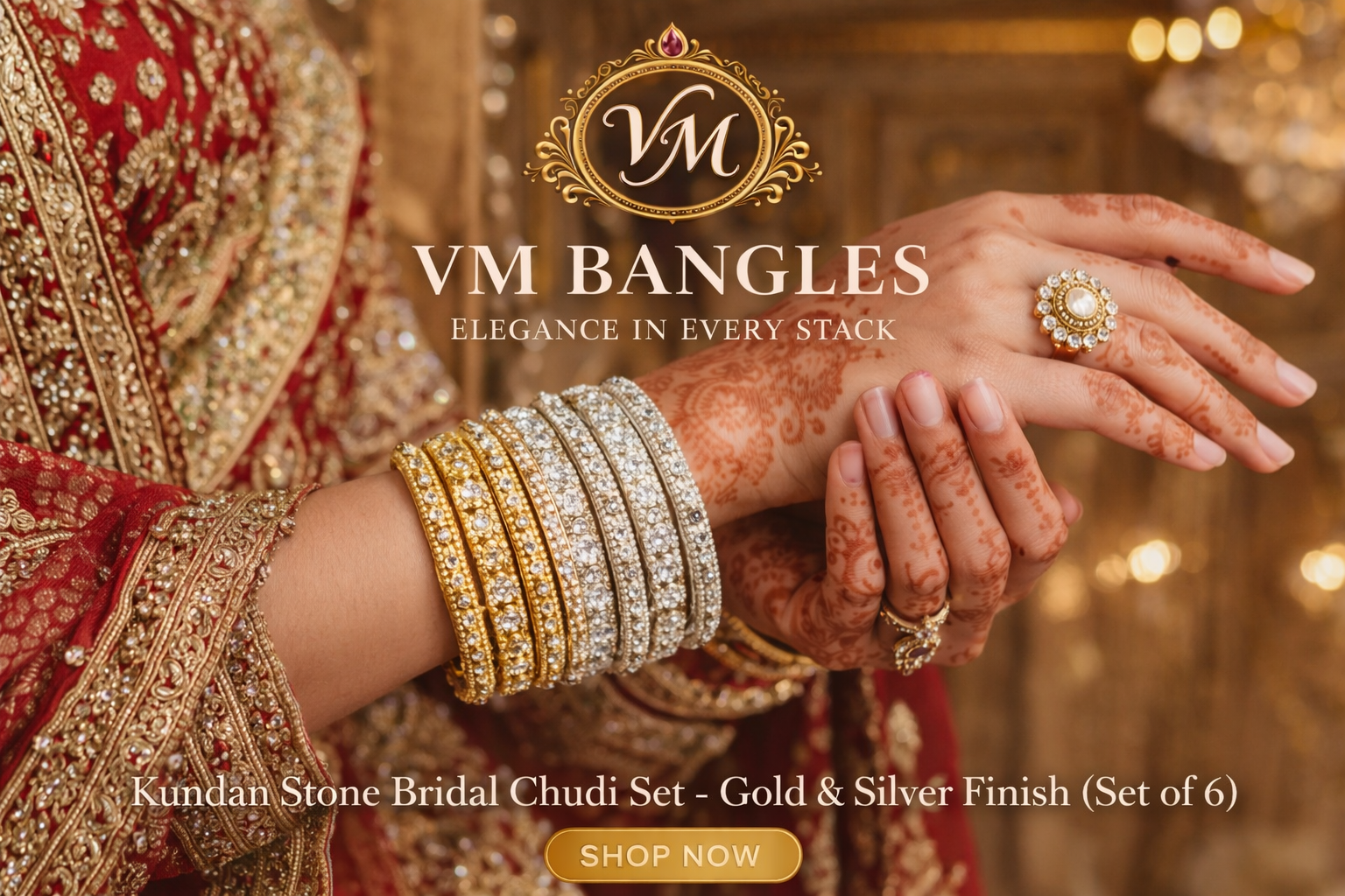 Premium Kundan Bridal Chudi Set – Gold & Silver (6 Bangles)